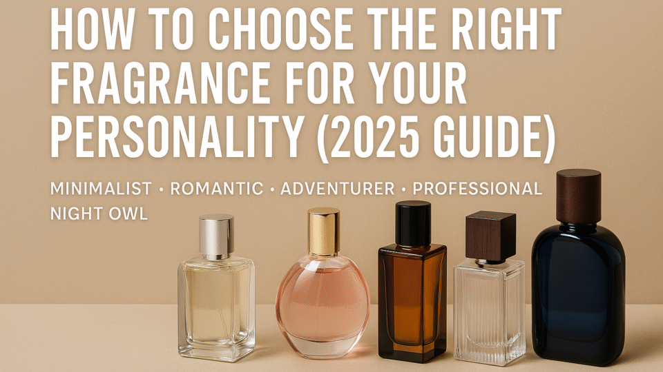 Perfume bottles on beige background for Scentra Fragrances blog about choosing the right fragrance for your personality.