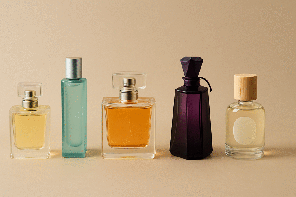 Five assorted perfume bottles arranged on a beige background, representing different fragrance families for the Scentra Fragrances personality guide.