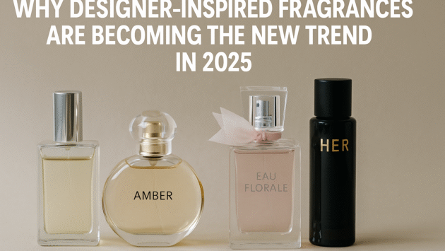 Four designer-inspired perfume bottles arranged on a beige background with the title “Why Designer-Inspired Fragrances Are Becoming the New Trend in 2025” displayed above them.